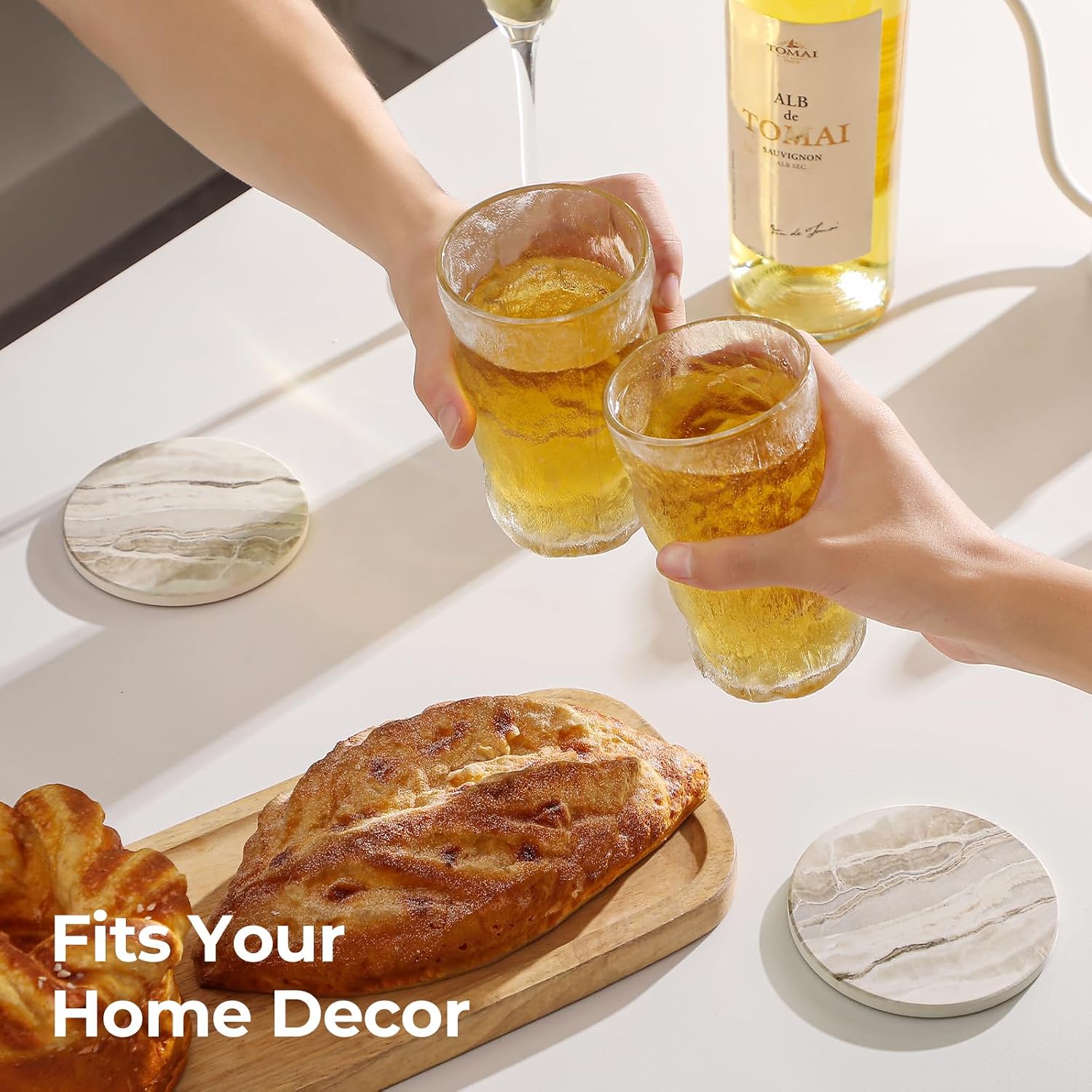Marble Style Ceramic Stone Coaster for Drink Tabletop Protection / Beige Marble / Set of 6