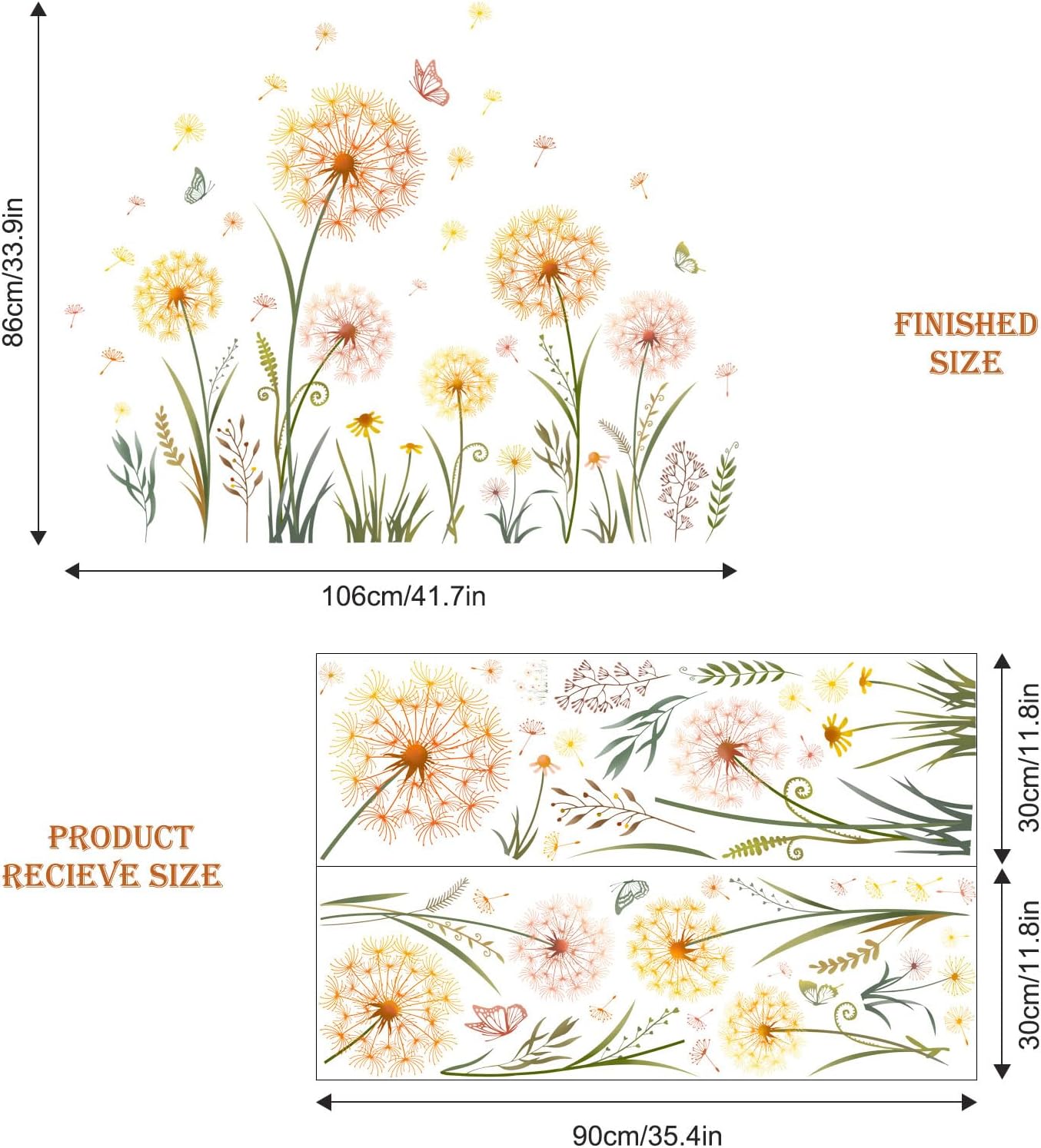 Dandelion Flower Butterfly Wall Decals Dandelion Plants Floral Wall Stickers Peel and Stick / Gold