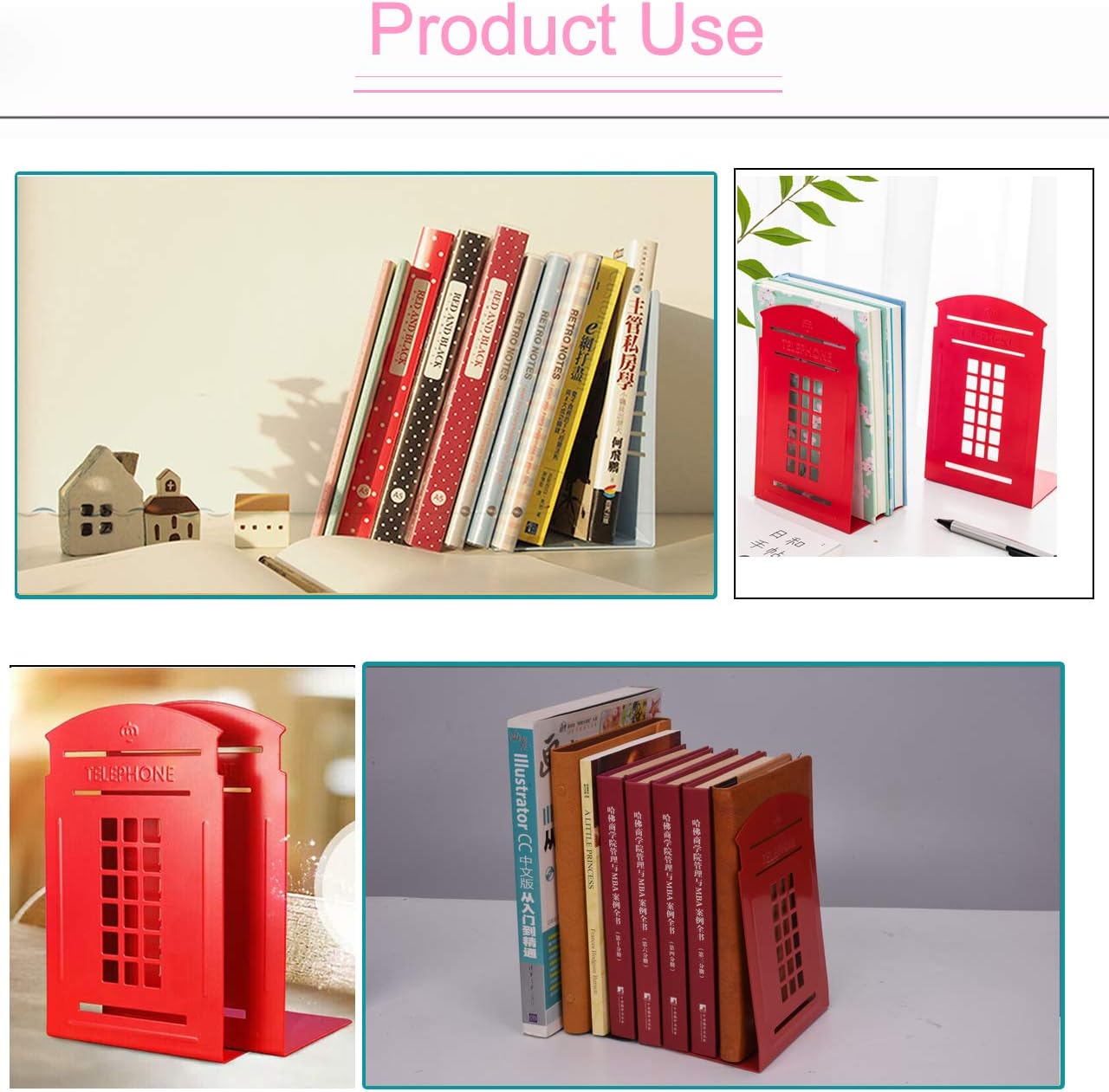 Metal Bookends / Book Ends / Red / Set of 4