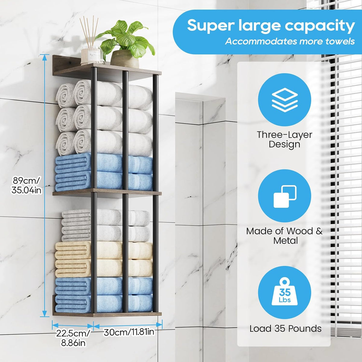 Towel Racks for Bathroom Wall Mounted with Wooden Storage Shelf | Updated 3 Bar Metal Towel Holder for Rolled Towels