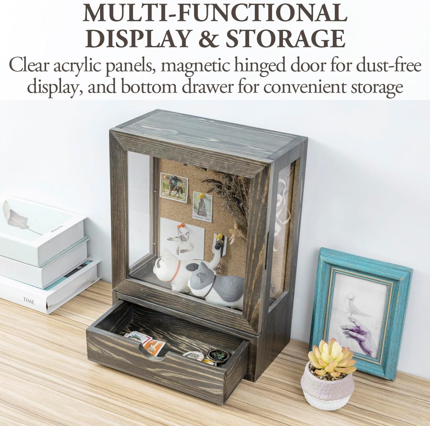 MyGift Deep Shadow Box Frame with Cork Back and Bottom Storage Drawer, Shadow Box Display Case Wall Mounted, Clear