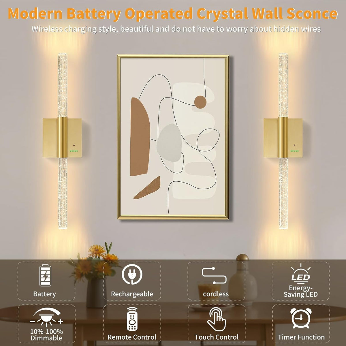 28” Wall Sconces Set of 2, Rechargeable Battery Powered Wall Light | Extra Large 8000mAh Battery Operated Dimmable Led