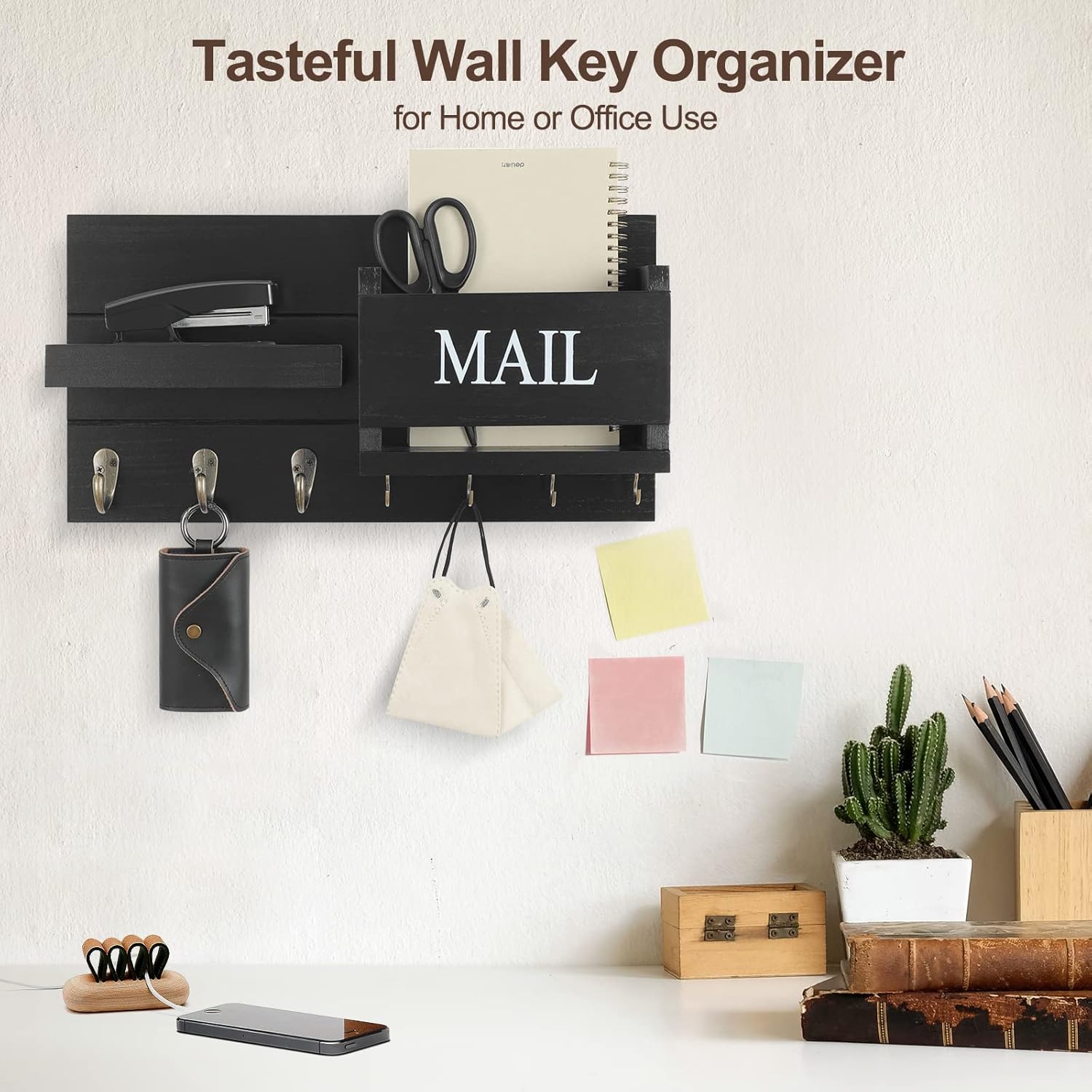 Shelf Includes Letter Holder and Hooks for Hallway Farmhouse / Black