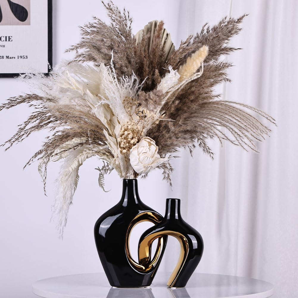 Hollow Ceramic Vase / Black and Gold / Set of 2