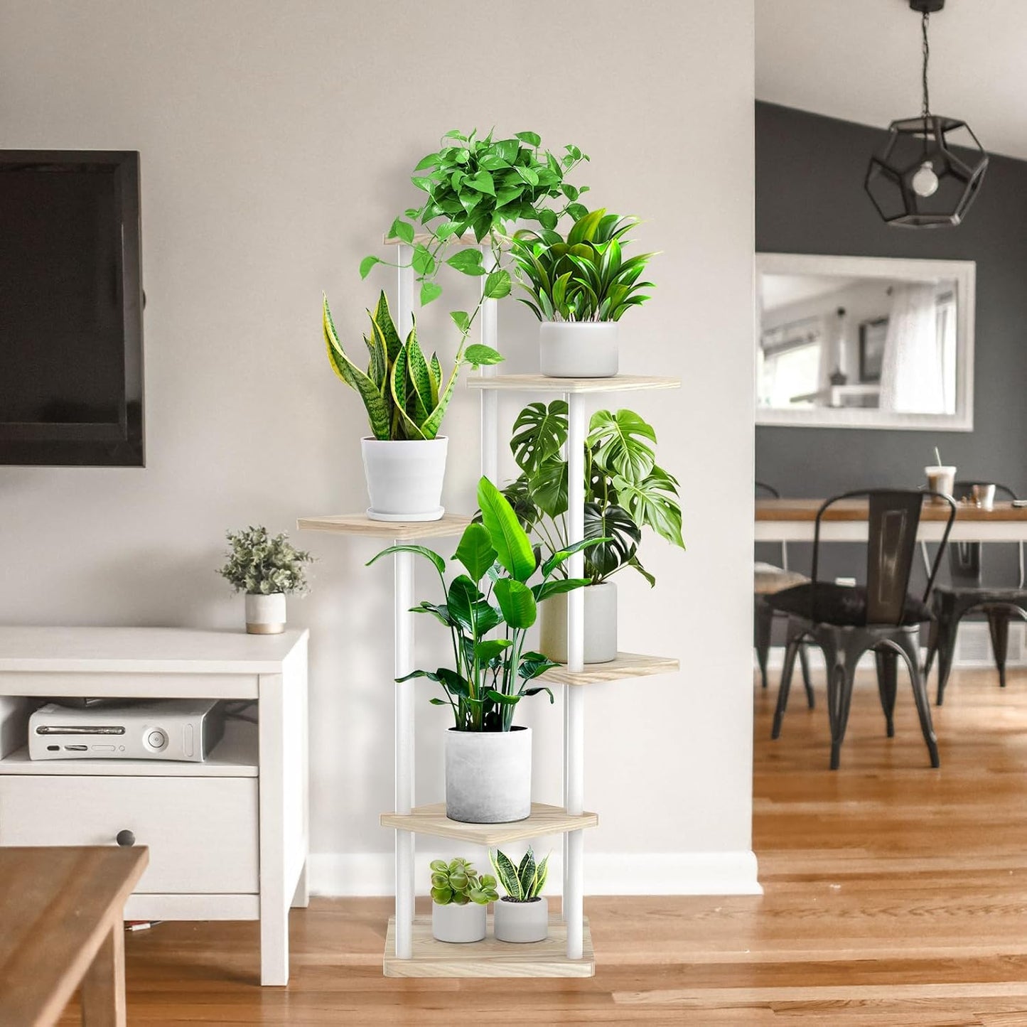 6 Tier Plant Stand Indoor, Thickened Metal Wood Corner Plant Shelf Stands for Multiple Plants, Indoor Tall Plants Stand