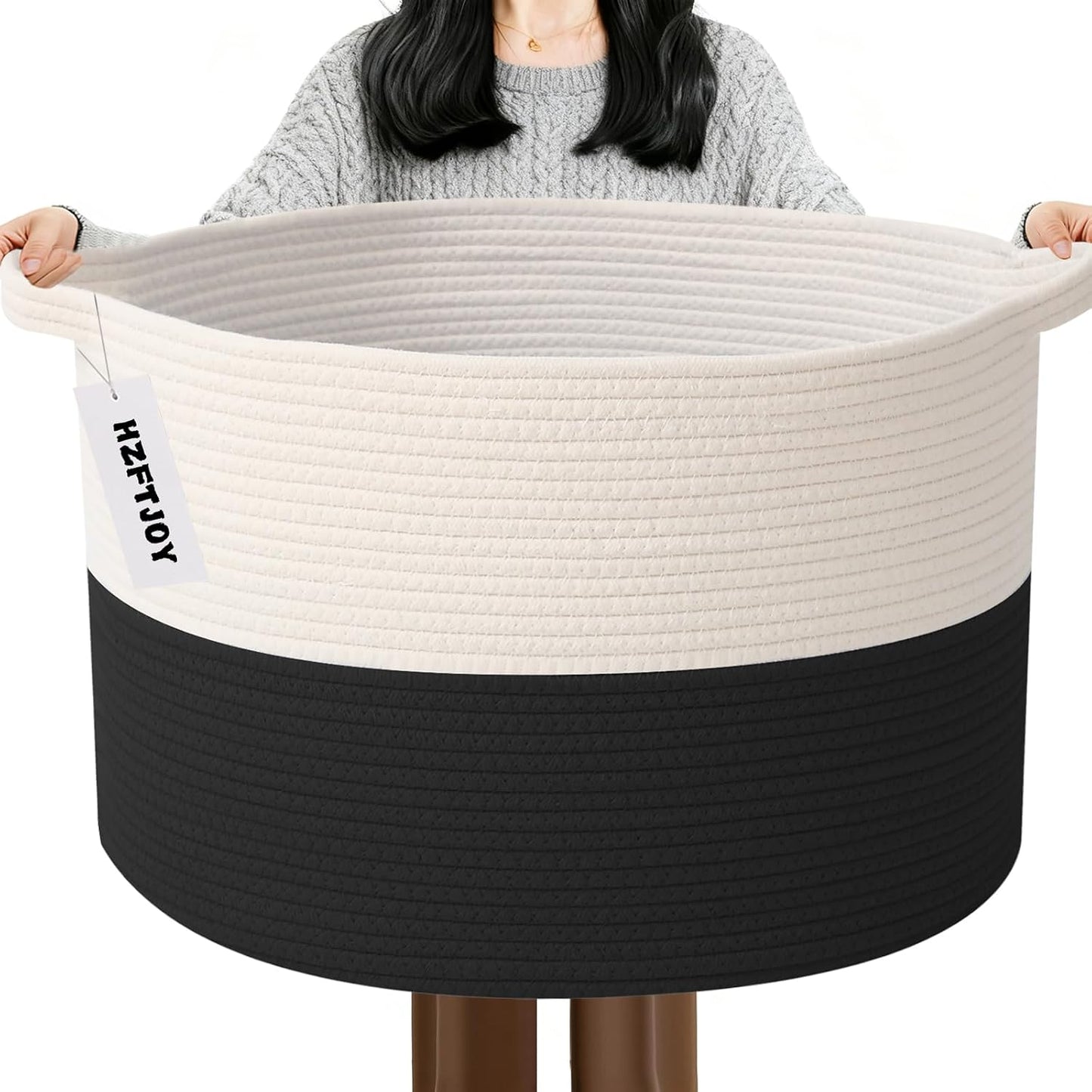 65L Large Blanket Basket,Woven Rope Laundry Basket-White&Black