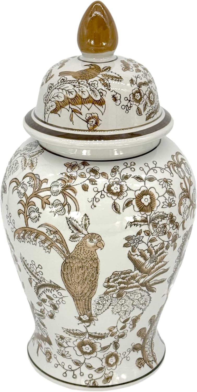 Brown & White Parrot Floral Chinoiserie Ceramic Temple Jar 18" w/Lid / Brown Parrot
