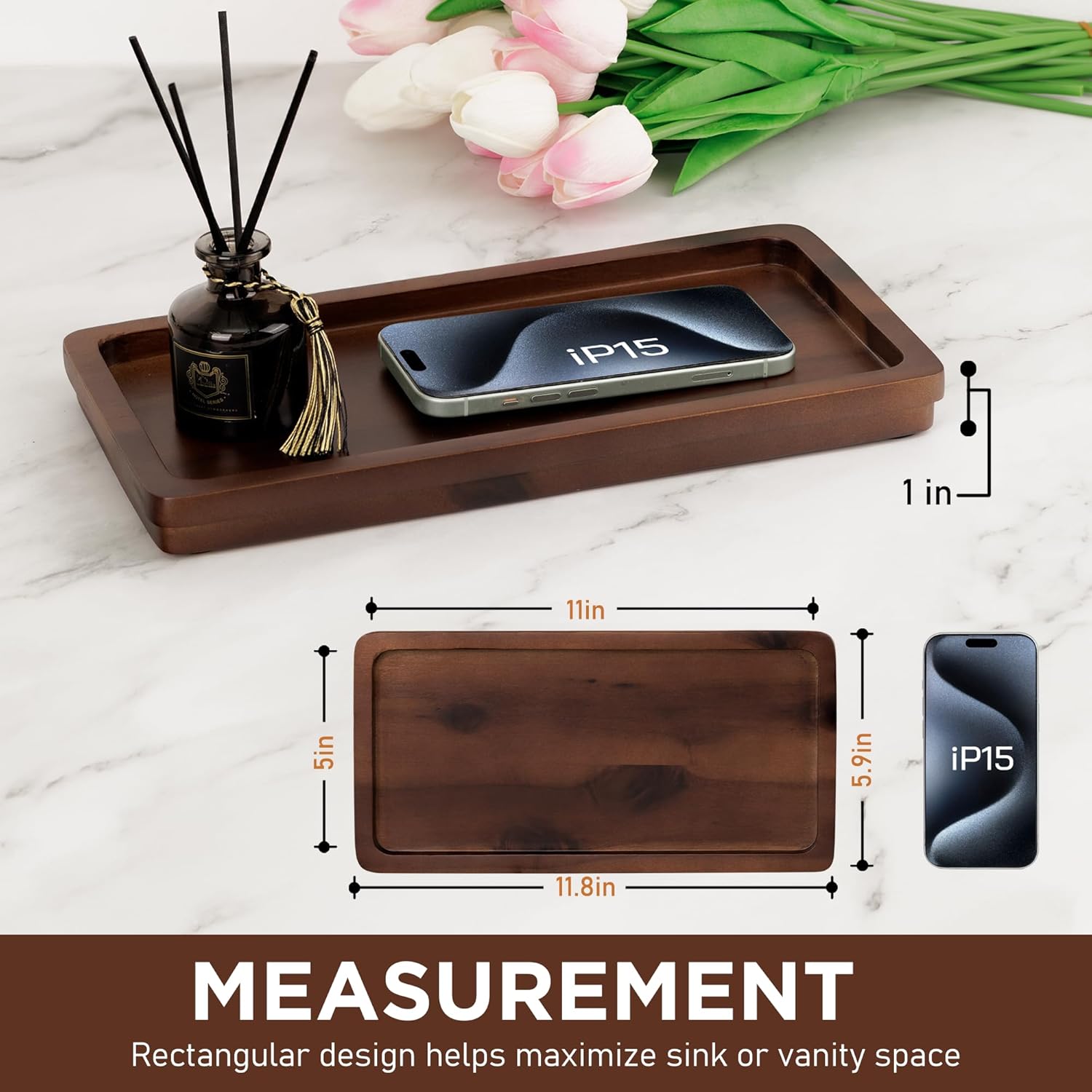 Bathroom Vanity Tray in of Acacia Wood / 11.8 x 5.9
