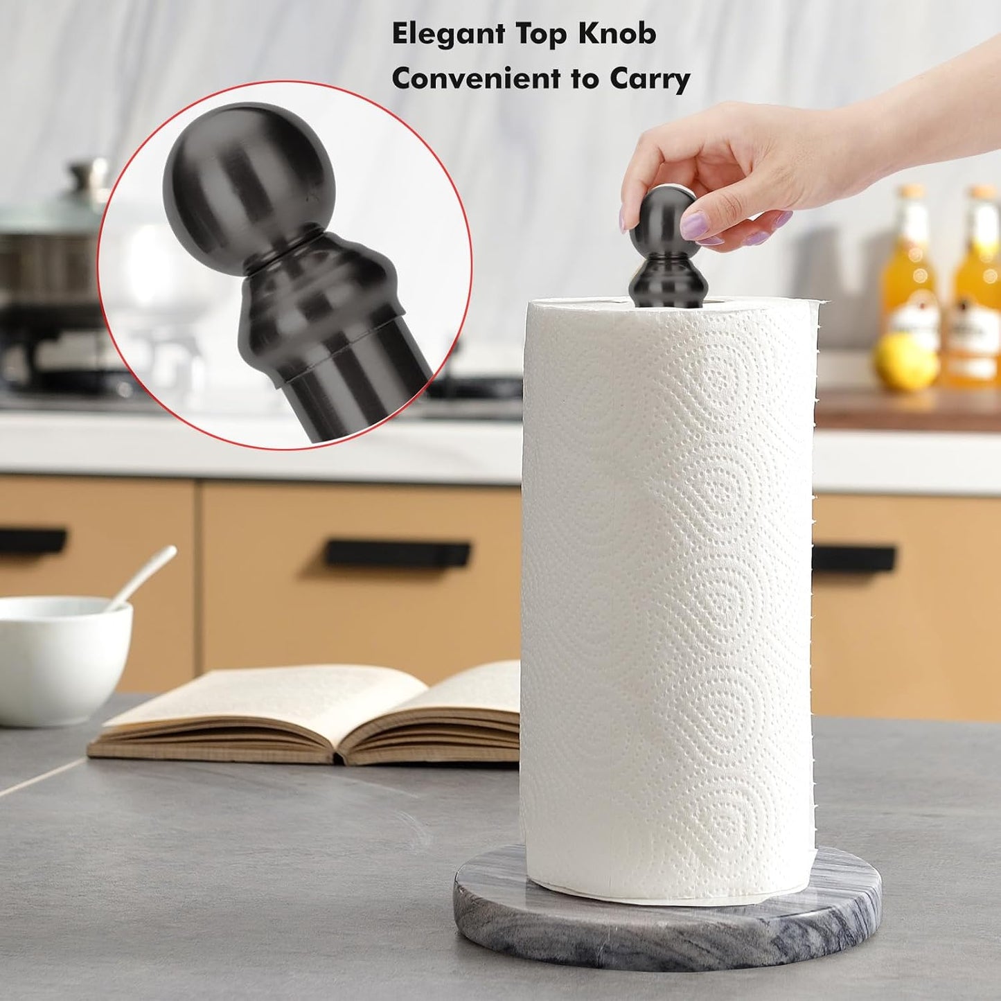 Black Paper Towel Holder Countertop with Heavy Marble Base, Standing Paper Towel Roll Holder for Kitchen Bathroom, with