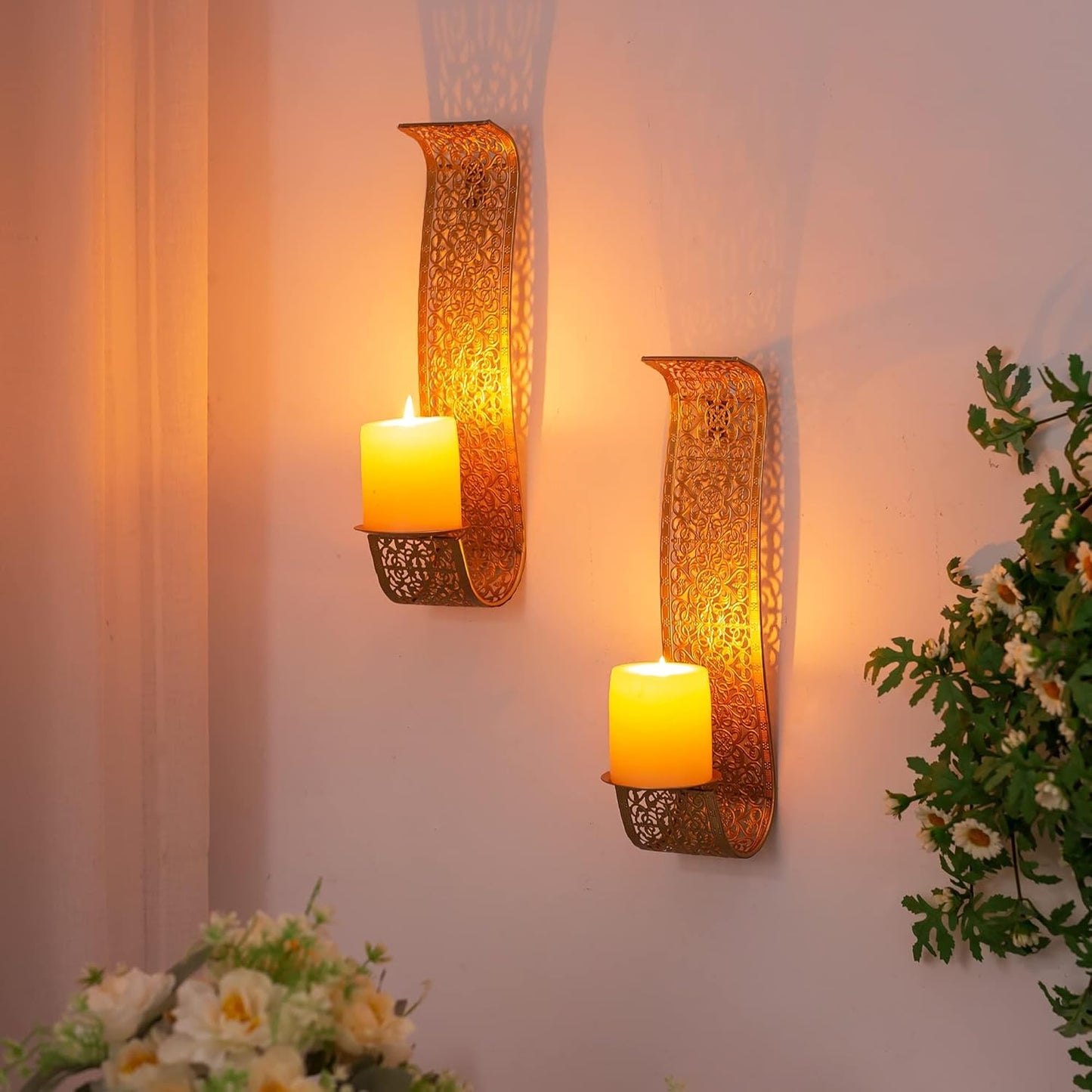 Rustic Pillar Wall Candle Holder for Farmhouse Vintage Hallway Wall / Matte Gold / Set of 2