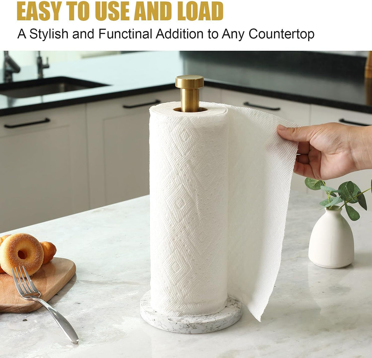 Paper Towel Holder Countertop, Marble and Brass Standing Paper Roll Holder, Heavy Stone Paper Towel Holder with 6"