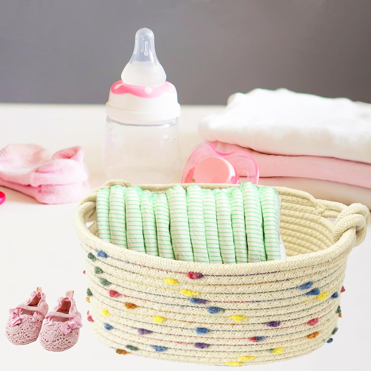Small Woven Rope Storage Baskets for Organizing / Rainbow 3 / Set of 3
