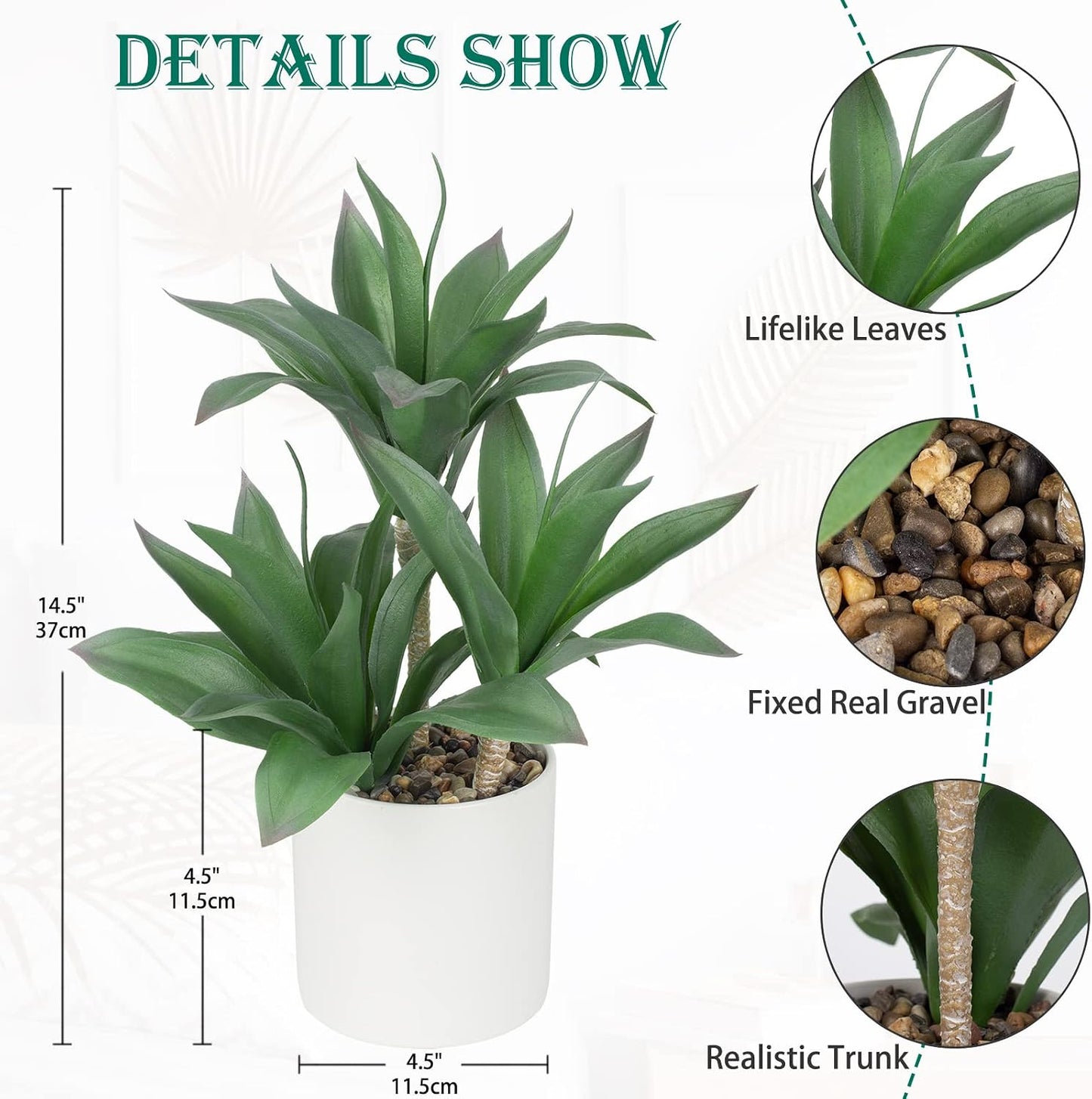 Large Artificial Agave Plants Fake Three-Head Agave Succulent Plant Potted 15 / Style 1 / White