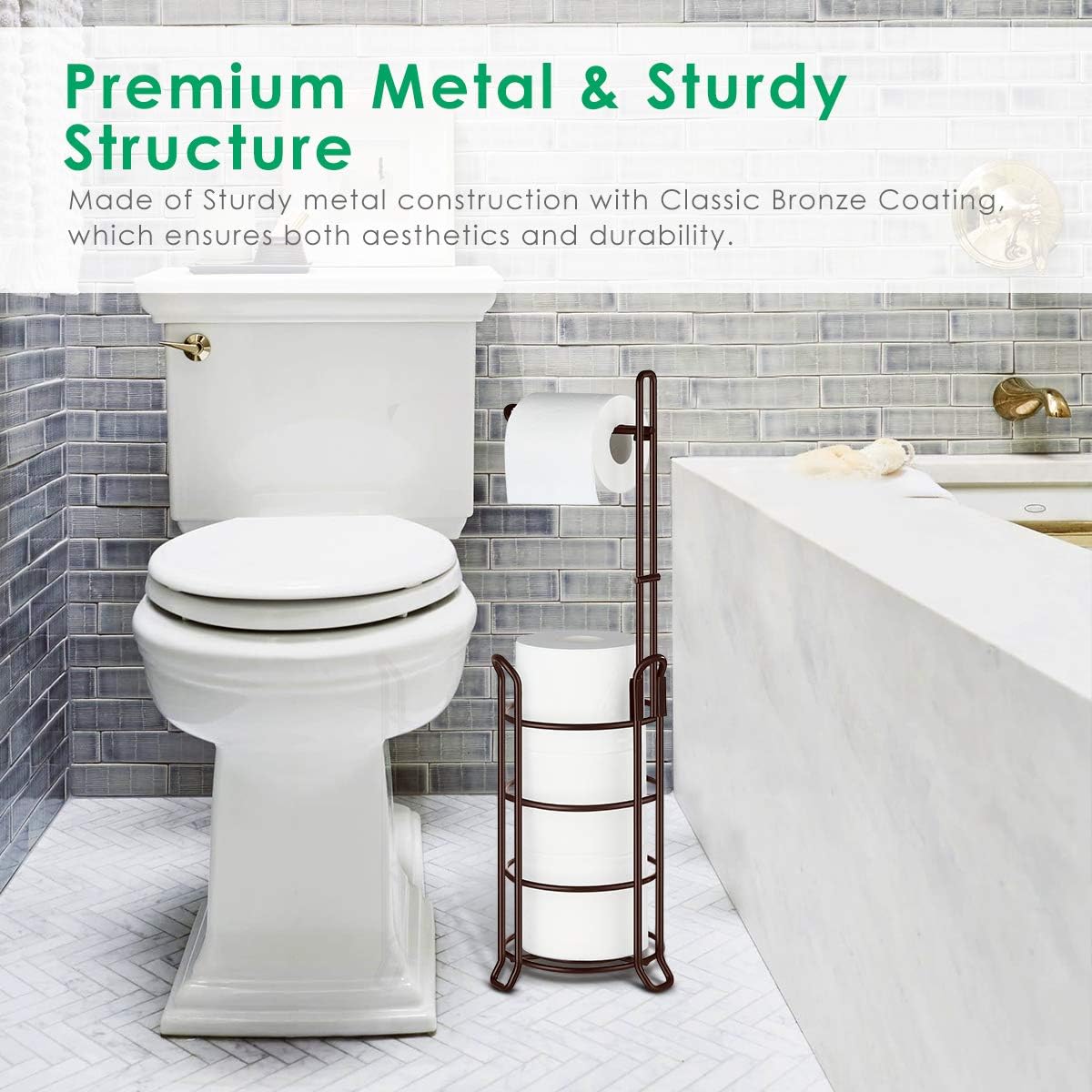 TomCare Toilet Paper Holder Stand Free Standing, Holds 4 Mega Rolls, Bronze | Tool-Free Assembly, Detachable Metal Wire