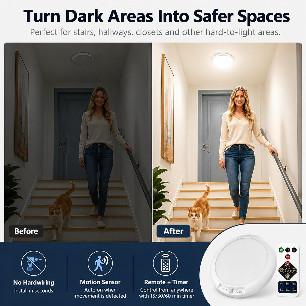 4 Packs Wireless Closet Lights Motion Sensor with Remote, 3 Color & 3 Mode Dimmable Magnetic Rechargeable LED Ceiling