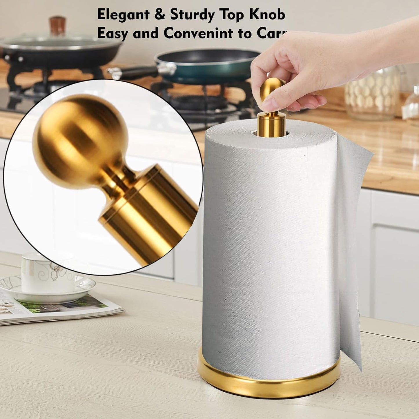 Gold Paper Towel Holder Countertop, Standing Paper Towel Roll Holder for Kitchen Bathroom, with Weighted Base for