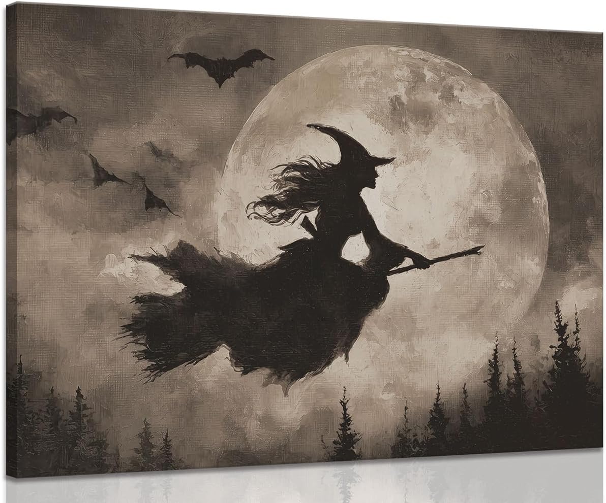 ILLBDR Halloween Flying Witch Canvas Wall Art 16x24 inch