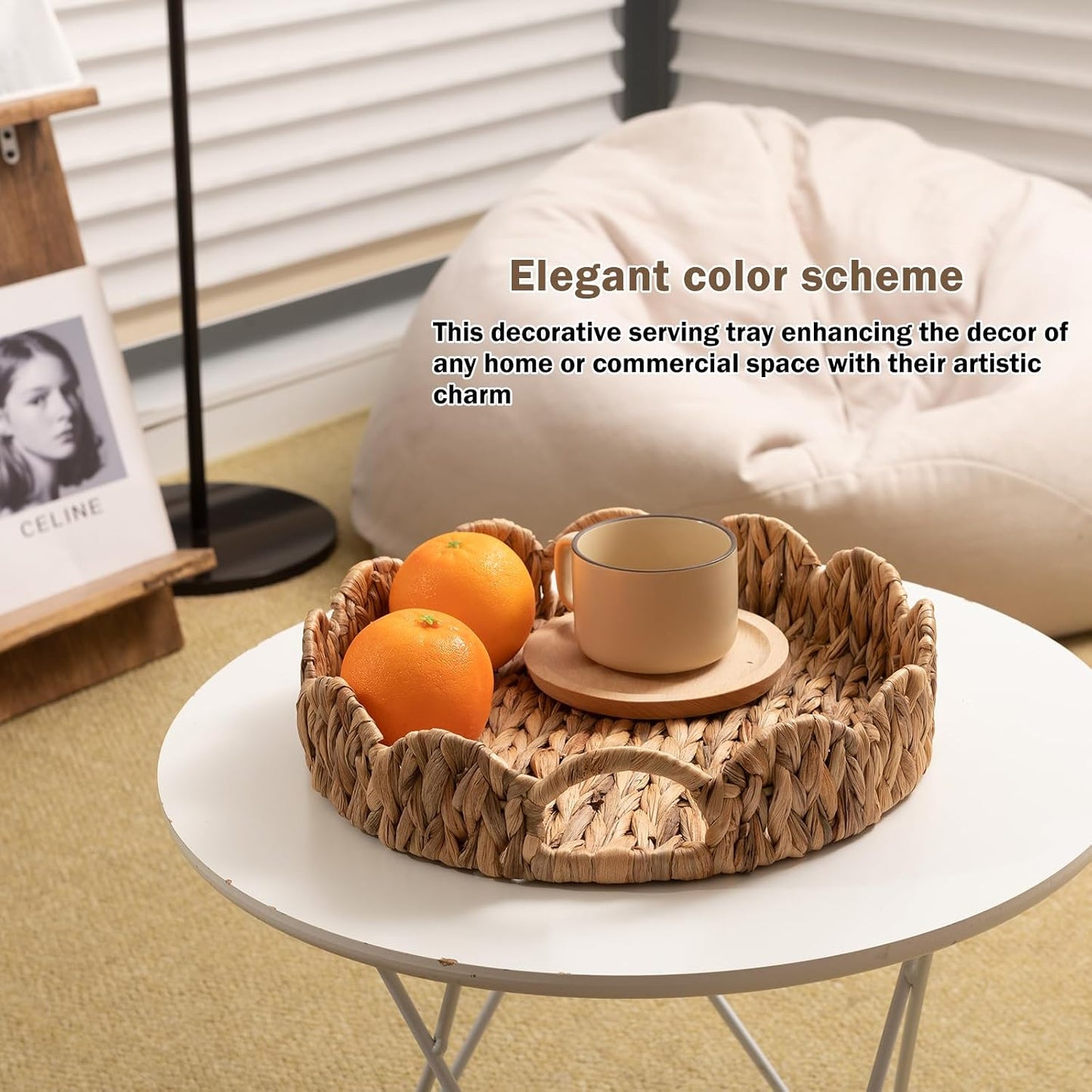 Wicker Basket Tray / Water Hyacinth / Round / Natural / Set of 2