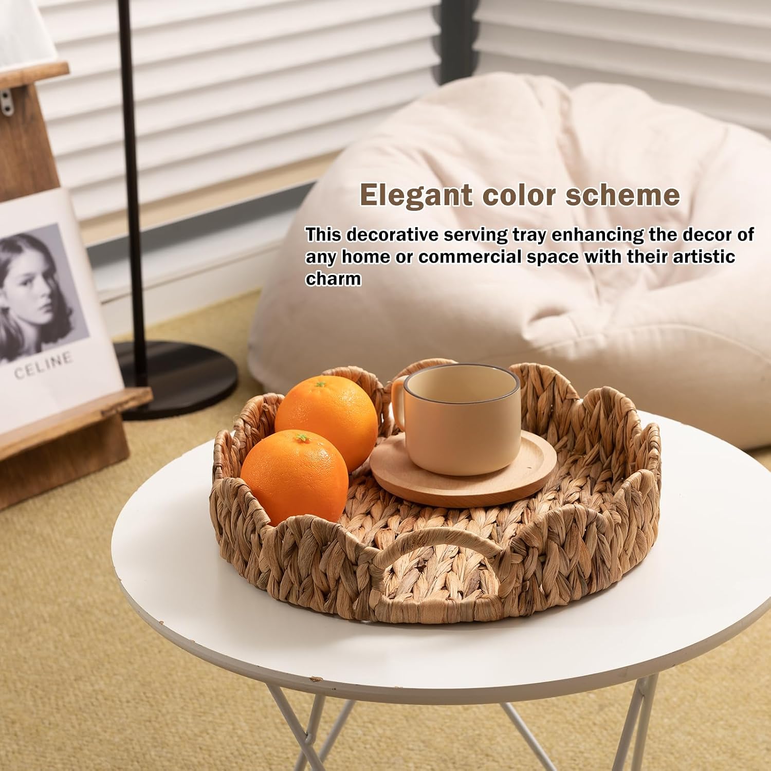 Wicker Basket Tray / Water Hyacinth / Round / Natural / Set of 2