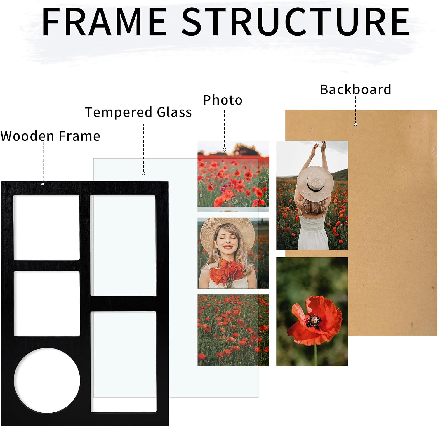 YESKAY 4x6 and 4x4 Collage Picture Frame, Display 5 Openings Photo Frames, Rustic Black Wood Frame with Real Glass