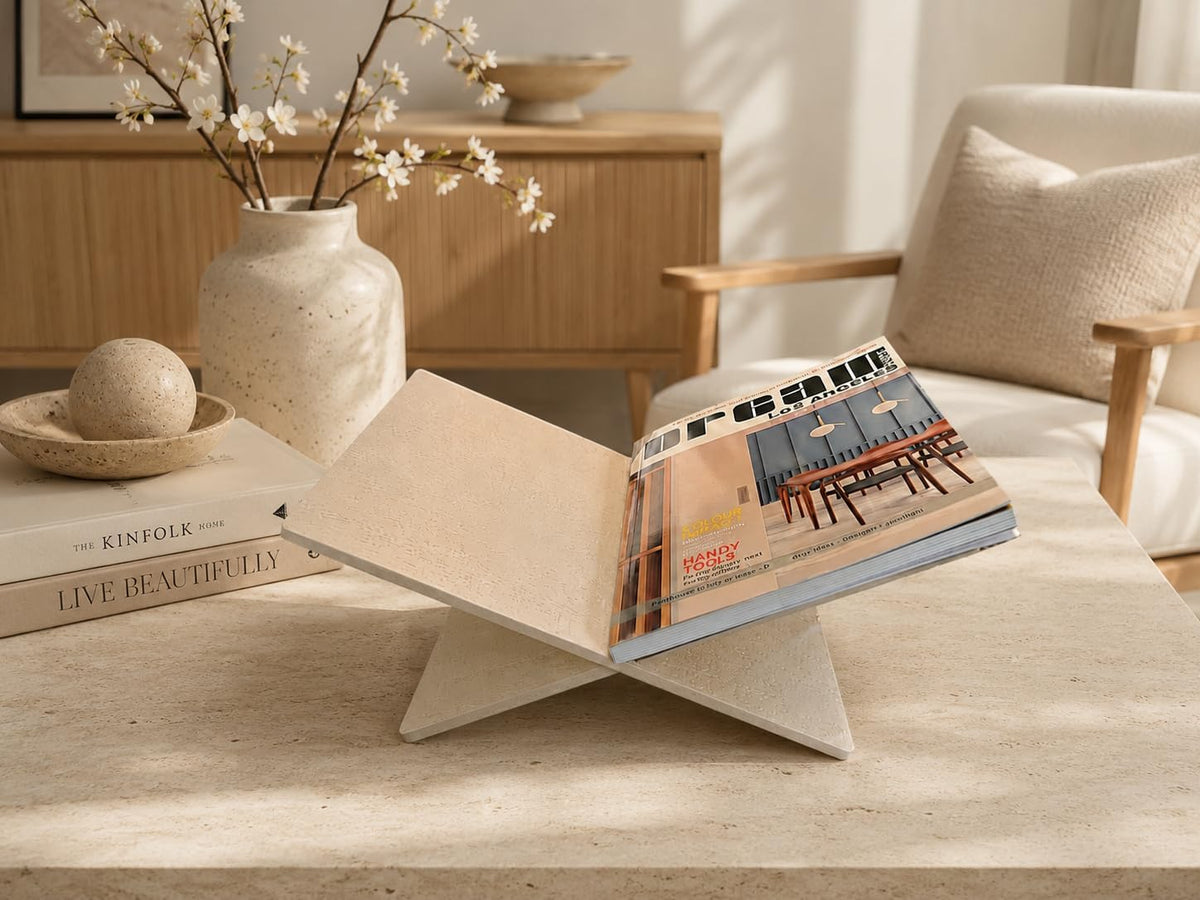 Faux Travertine Resin Book Stand, Large Open Book Holder Stand for Display & Reading, Coffee Table Book Stand for