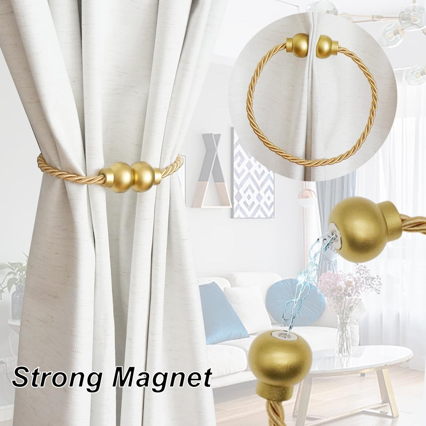 6Pcs Magnetic Curtain Tiebacks Modern Handmade Rope Curtain Tie Backs Gold | Decorative Drapes Weave Holdbacks for Home