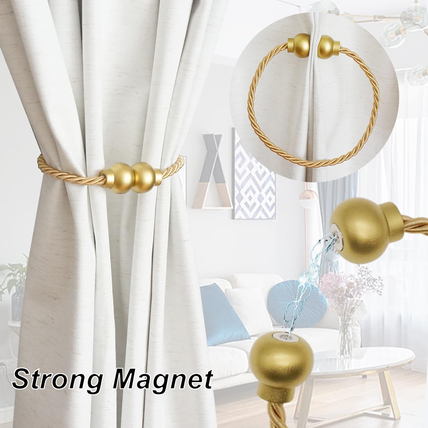 6Pcs Magnetic Curtain Tiebacks Modern Handmade Rope Curtain Tie Backs Gold | Decorative Drapes Weave Holdbacks for Home