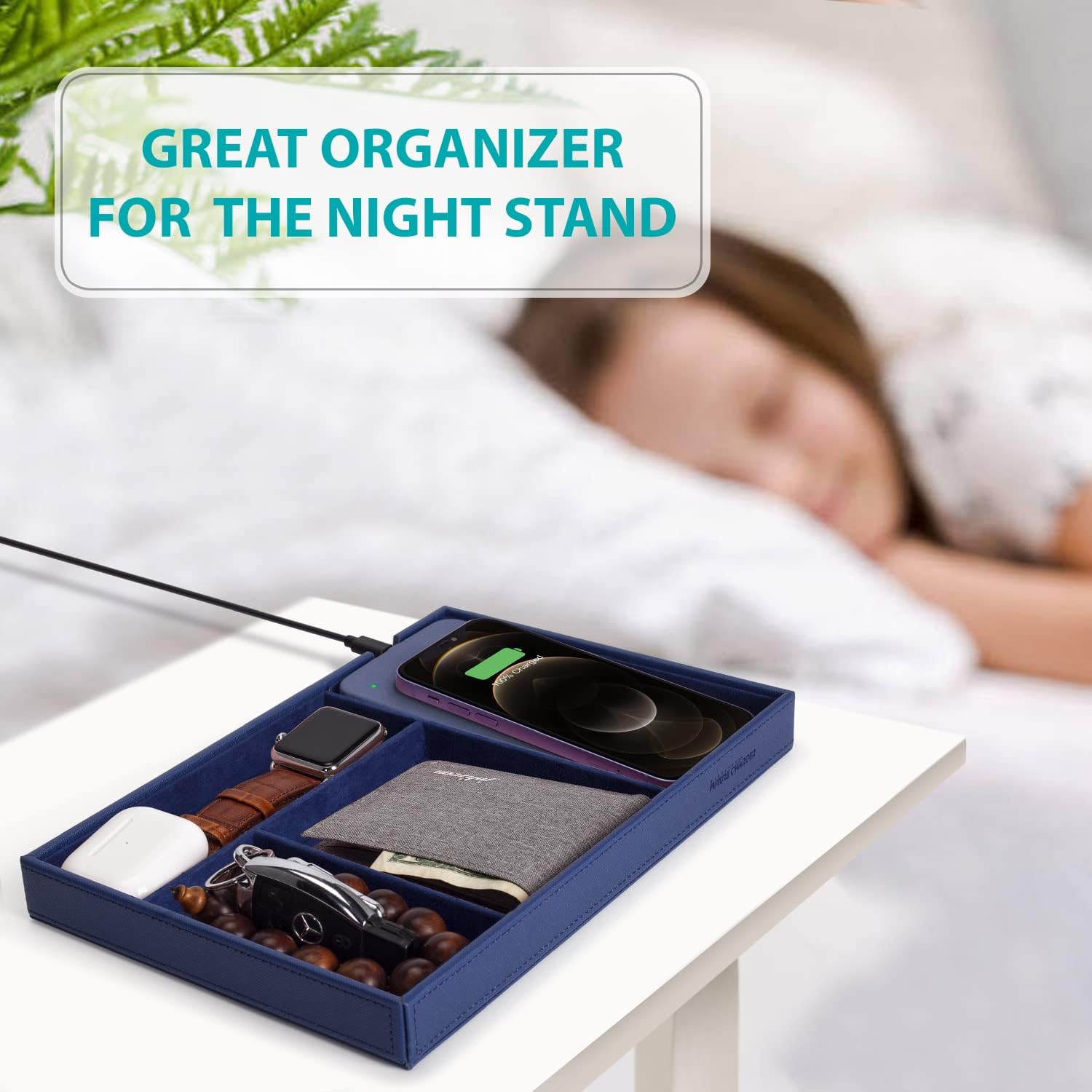 Valet Tray, Built in Wireless Charging Pad, Nightstand Organizer | Dresser Organizer, Mens Jewelry Box, Valet Charging
