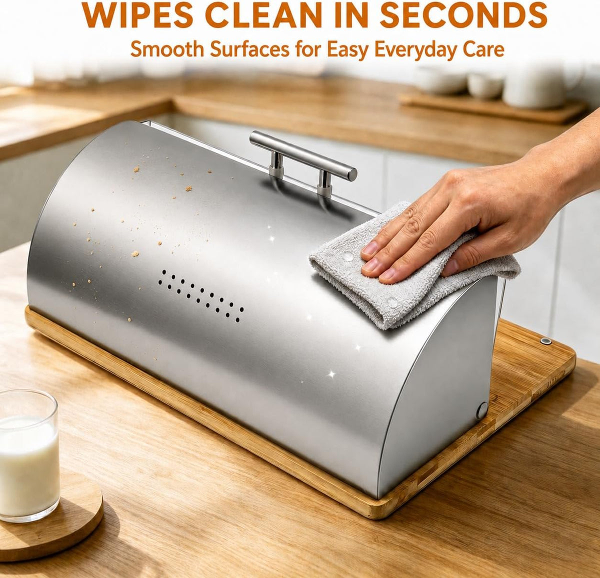 Bread Box for Kitchen Countertop, Modern Stainless Steel Roll-Top M | Clear Acrylic Viewing Door with Frosted Pattern