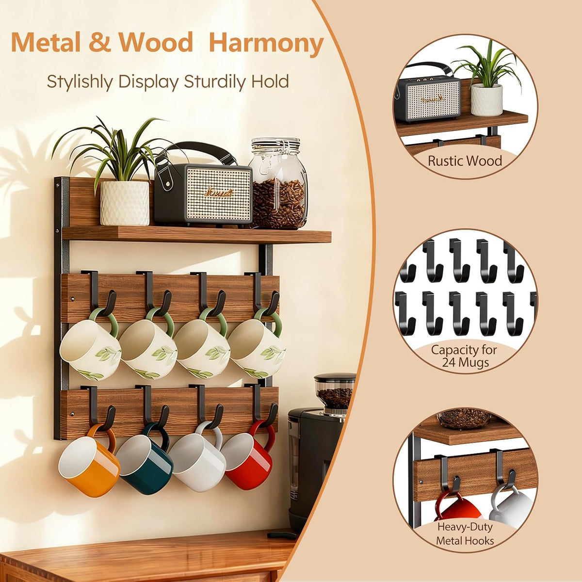 Mug Rack for Wall, Coffee Cup Holder Wall Mount with 24 Adjustable Hooks | Coffee Mug Holder with Top Display Shelf for