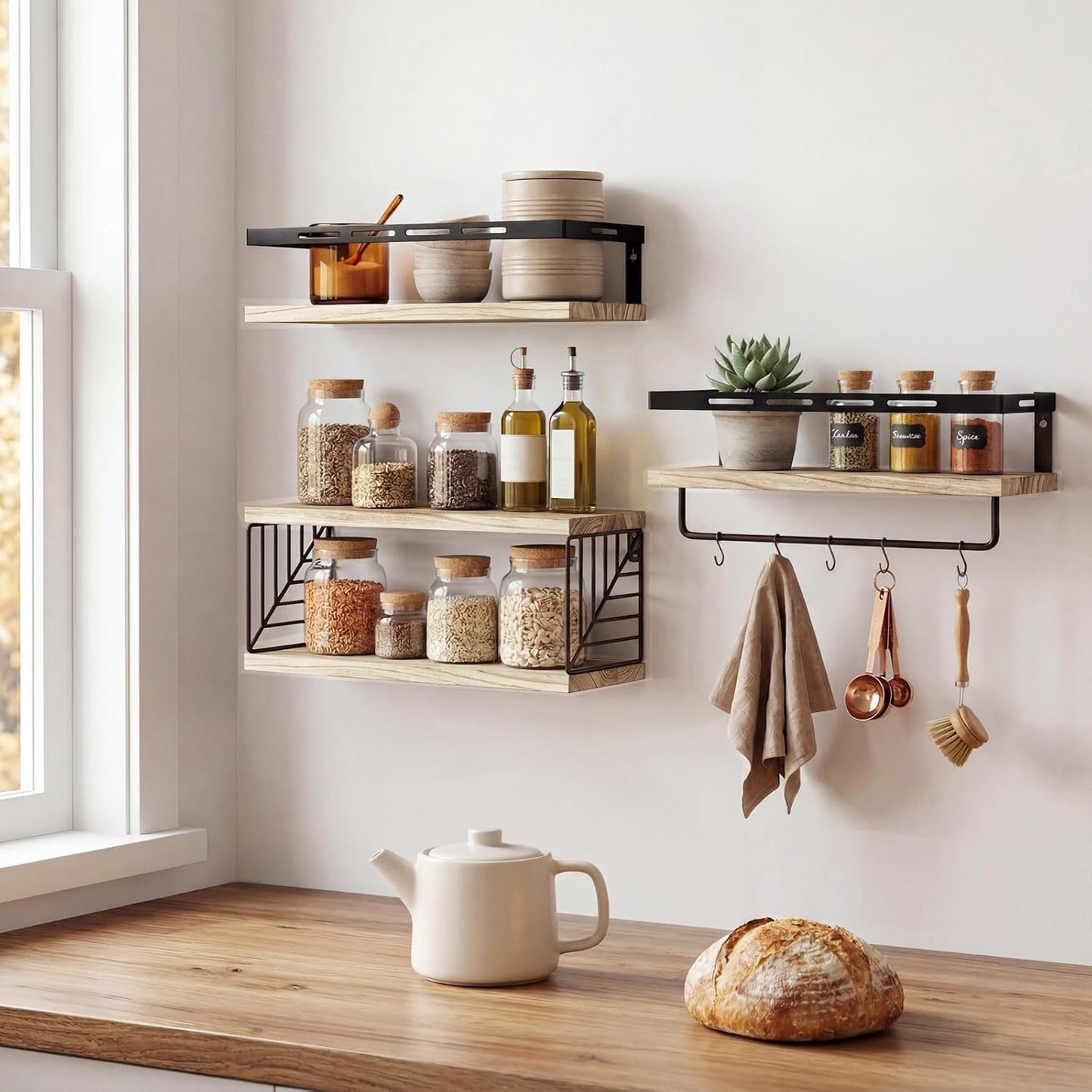Fixwal Wall Mounted Bathroom Shelves Over Toilet (3+1 Light Brown) | Wall Shelf with Basket Storage , Towel Bar, Solid