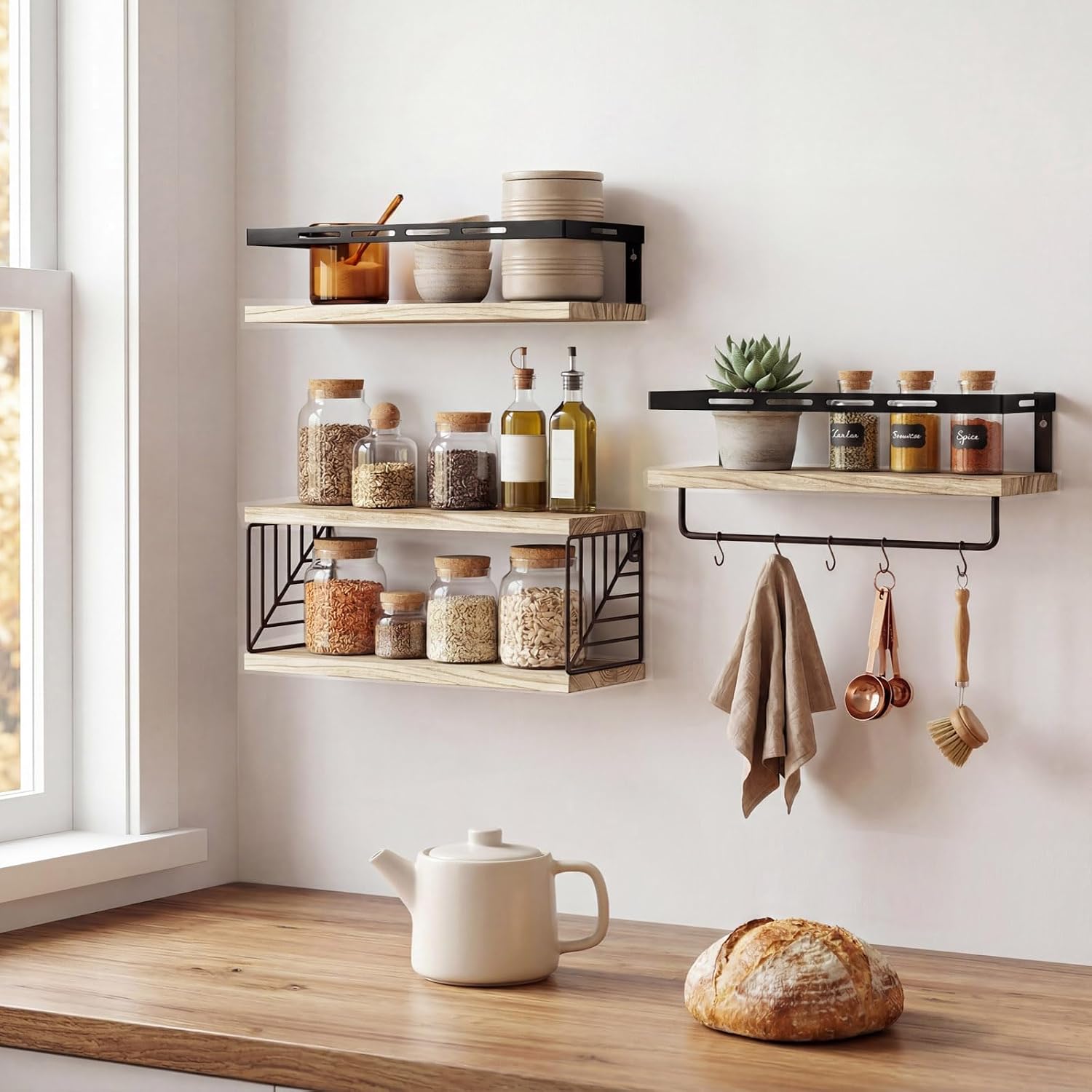 Fixwal Wall Mounted Bathroom Shelves Over Toilet (3+1 Light Brown) | Wall Shelf with Basket Storage , Towel Bar, Solid