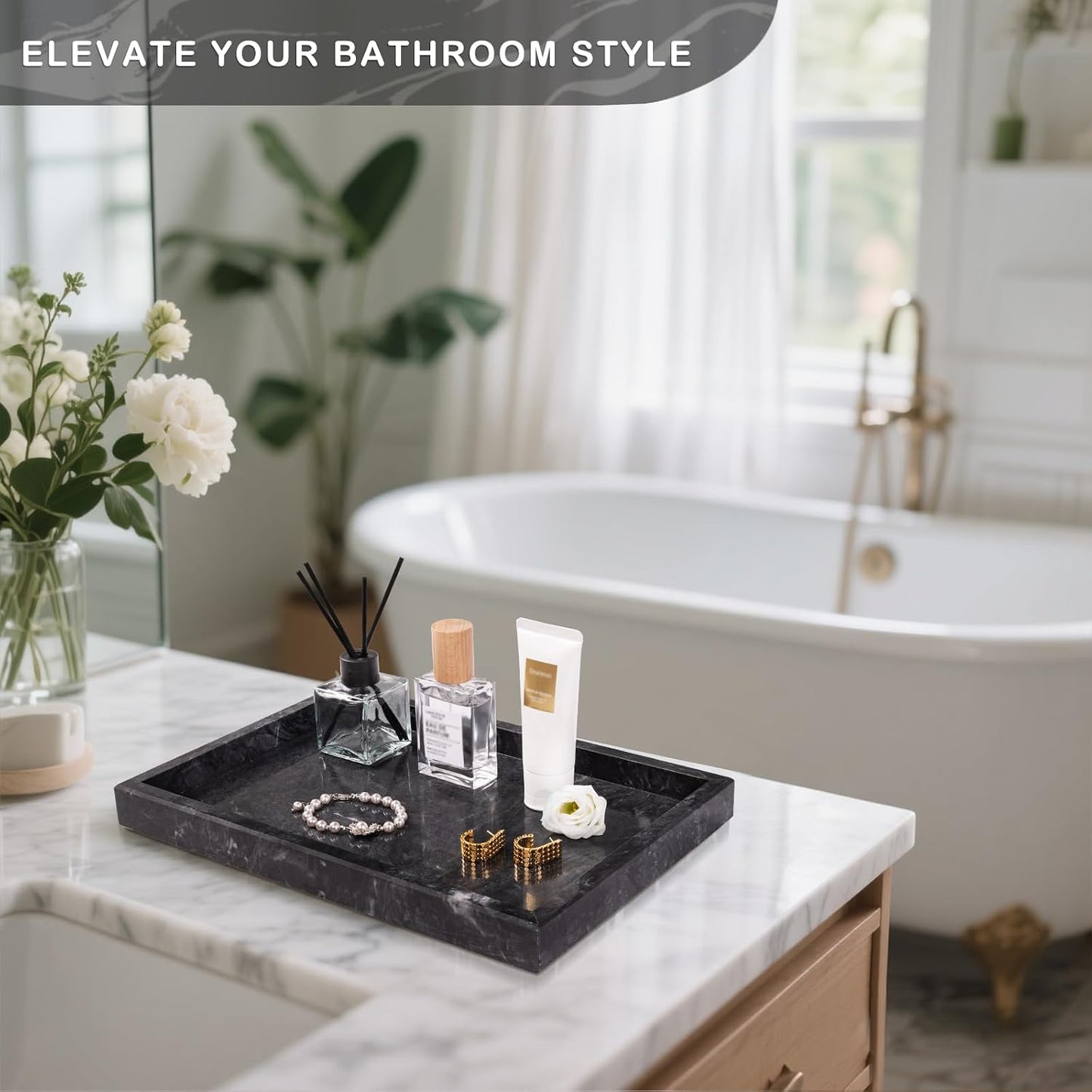 Marble Bathroom Tray for Countertop & Home Decor / Gray Black