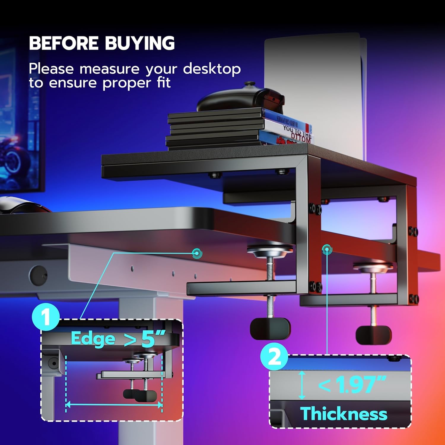 ARES WING Clamp-On Desk Extender Monitor Shelf, 15x9.8 up to 44lbs | Desktop Riser for Office/Gaming，Space