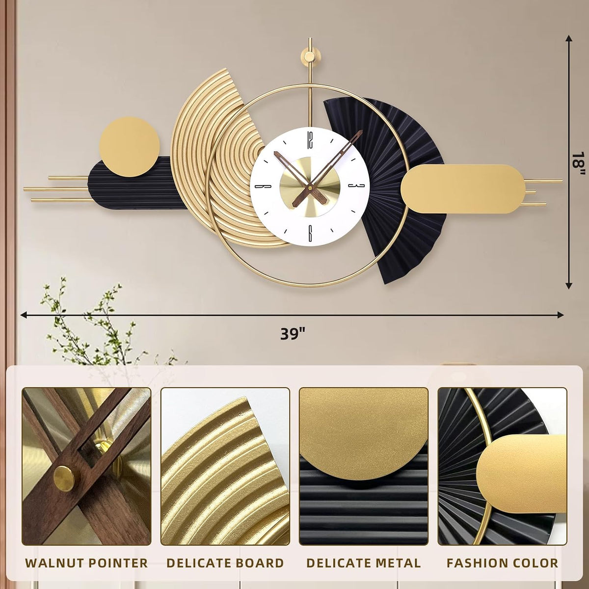 39x18 Inch Modern Decorative Wall Clock Battery Operated, Unique Silent Non-Ticking Large Clocks for Living Room