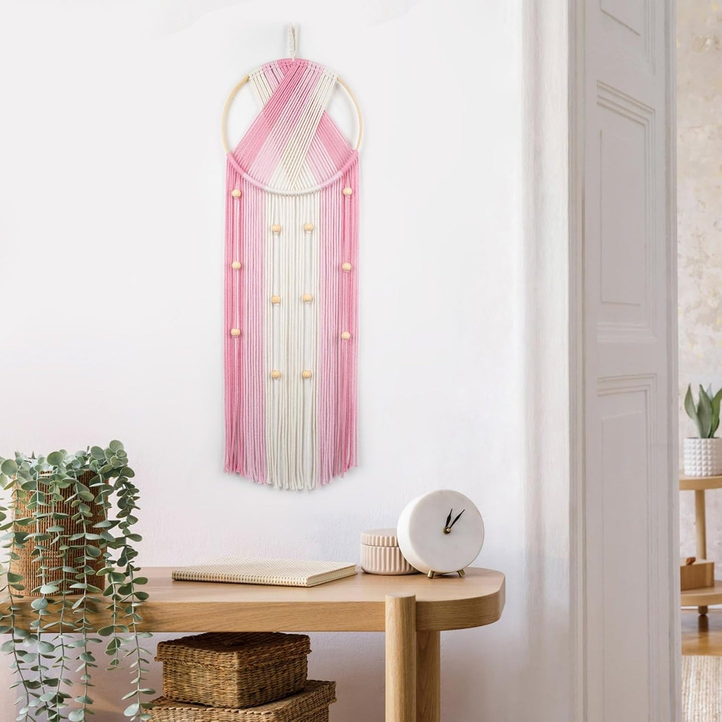Pink Macrame Wall Hanging Boho Wall Decor Dream Catcher Handmade Woven Tapestry / Pink Beige
