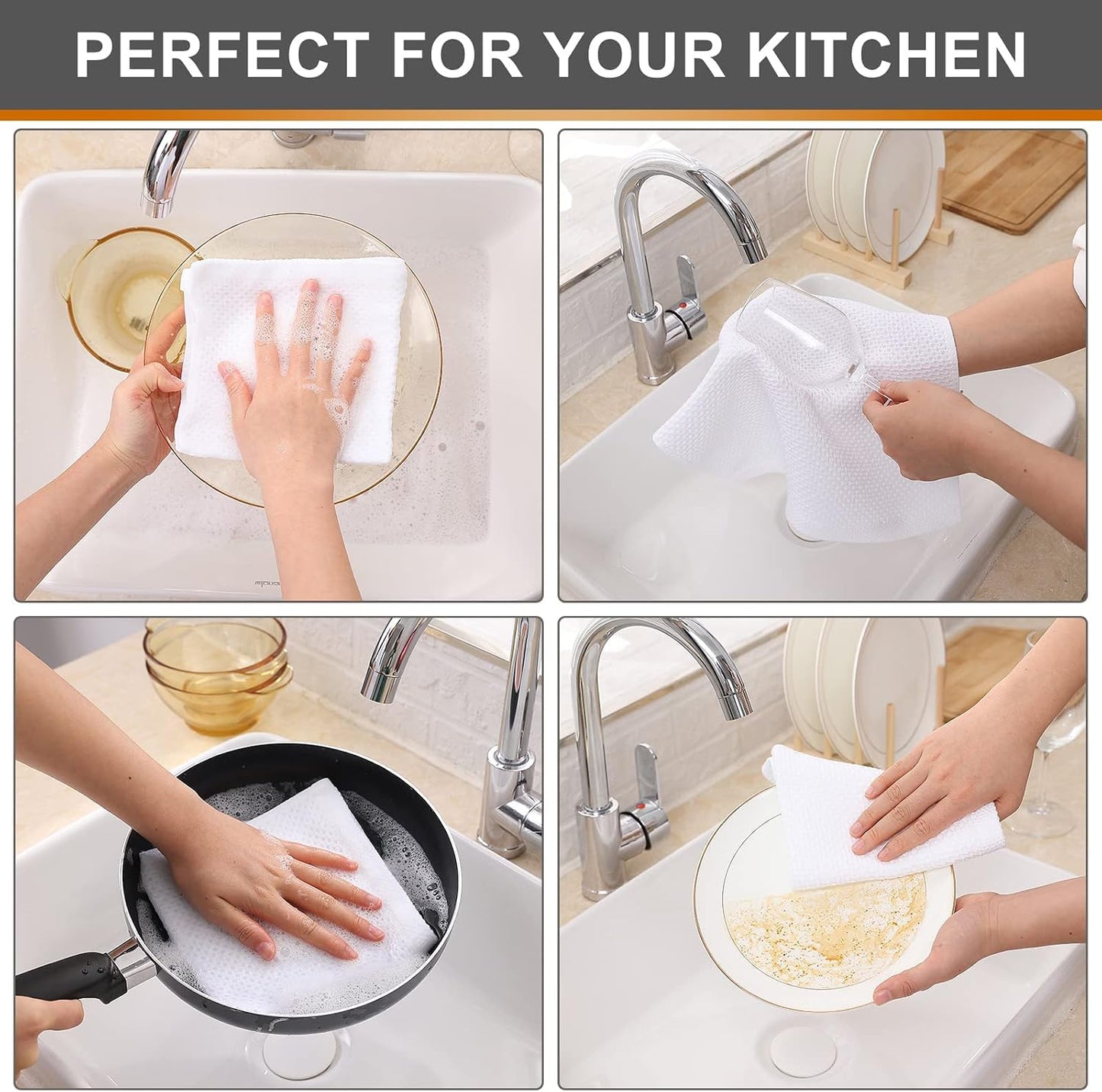 Kitinjoy 100% Cotton Waffle 8-Pack Kitchen Towels, 12" x 12", White | Ultra Absorbent, Super Soft, lightweight, Quick