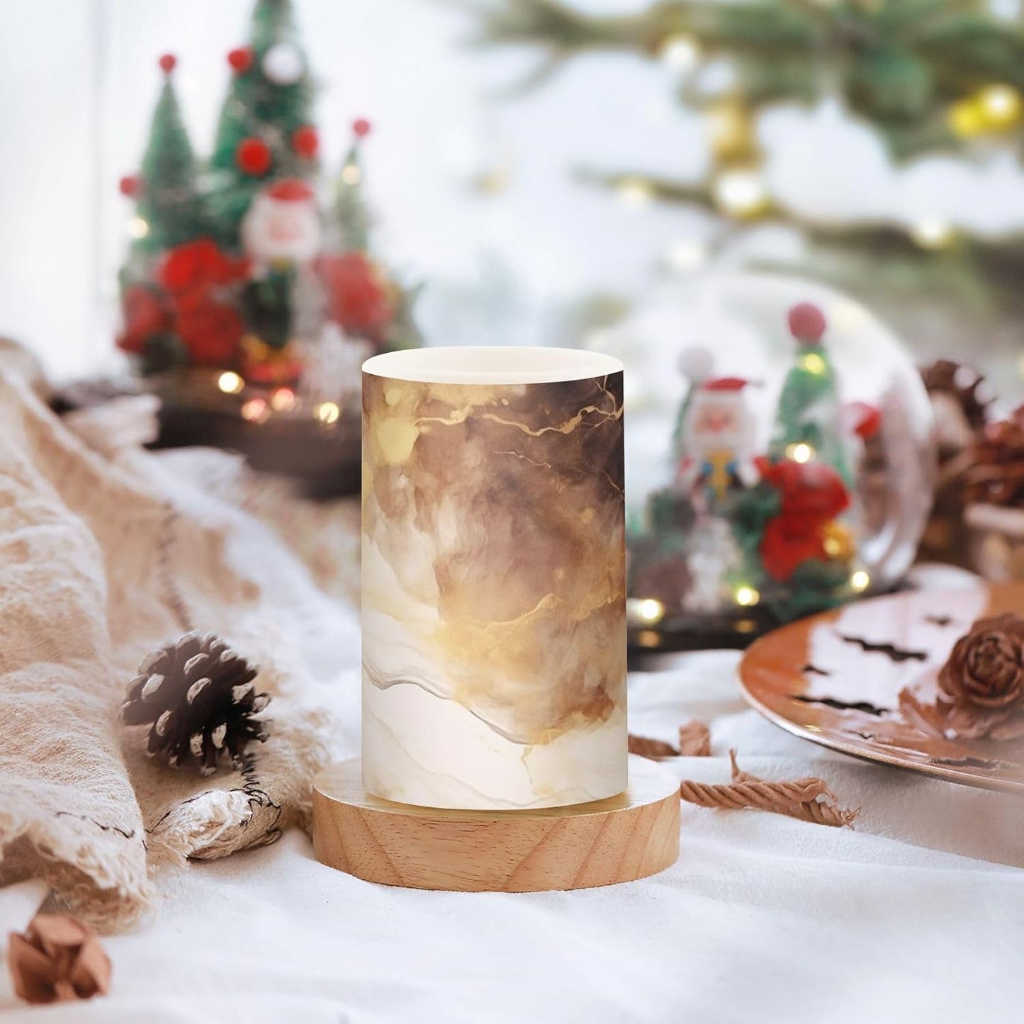 Flickering Flameless Candles, Brown White Marble LED Candles with Remote Timer, Set of 2 Battery Operated Candle for