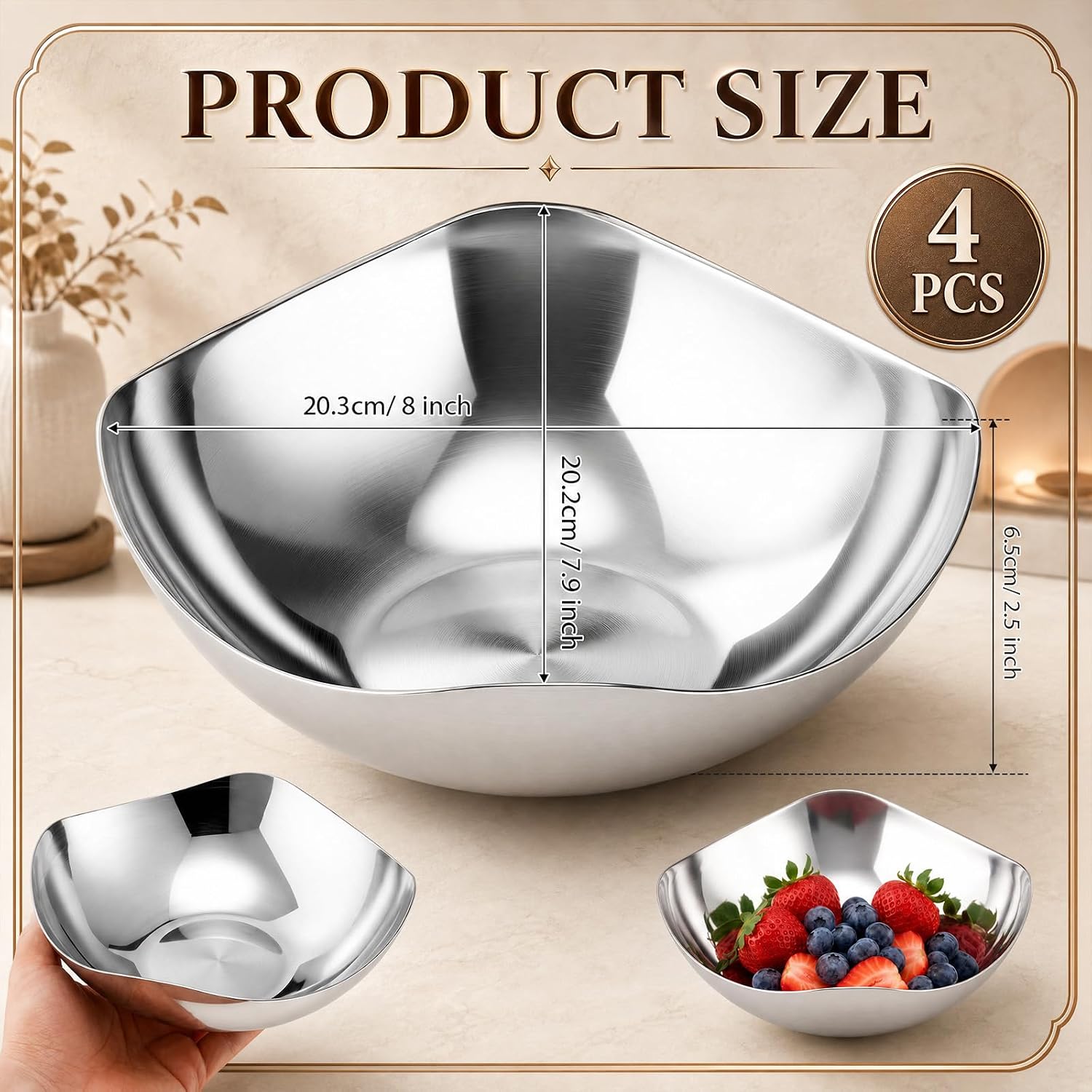 Large Candy Bowl Stainless Steel Decorative Bowl Candy Dish / 8 Inch / Silver / Set of 4