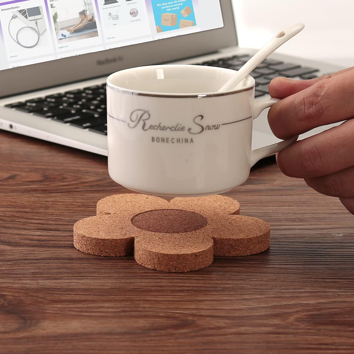 Absorbent and Reusable Coaster Set 100% Cork Flower / Flower Shape/ / Natural / 4 Inch / Set of 12