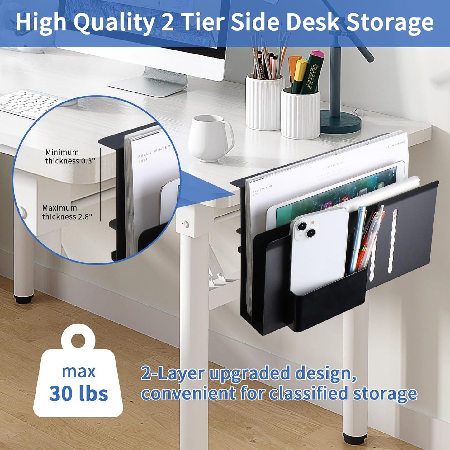 LUKETURE Desk Side Storage, 2 Tie Laptop Holder No Drill Clamp On Organizer | Steel Side Desk Organizer, Clamp on