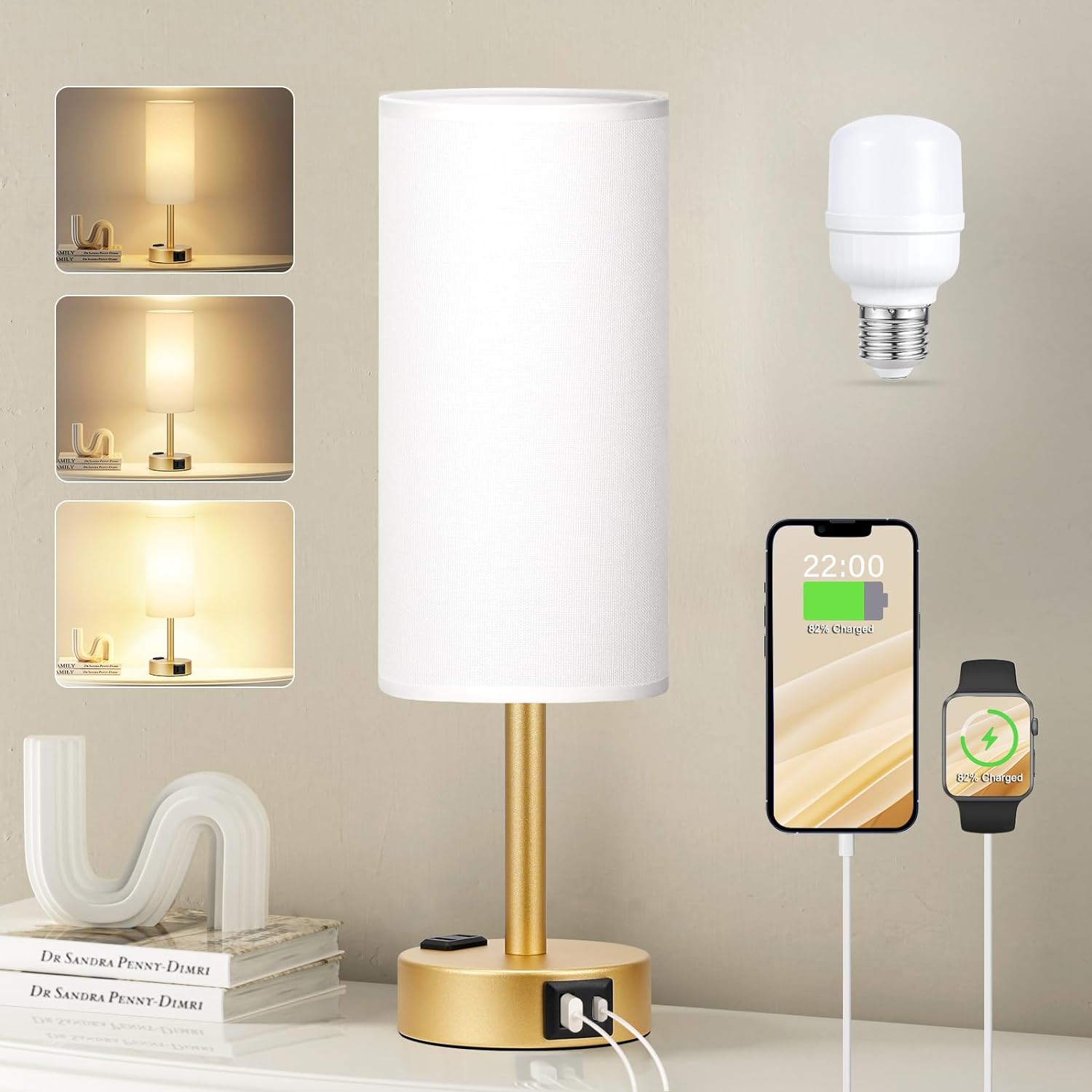 Fenmzee Gold Bedside Lamp for Bedroom, Dimmable Touch, USB A+C, AC Outlet