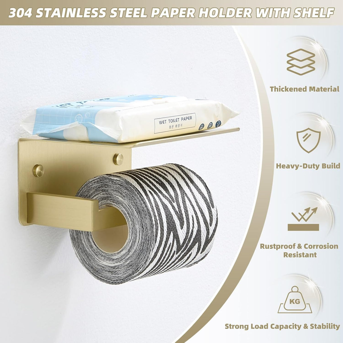 APLusee Brushed Gold Toilet Paper Holder with Shelf, 304 Stainless Steel Wall Mount Tissue Roll Holder for Bathroom