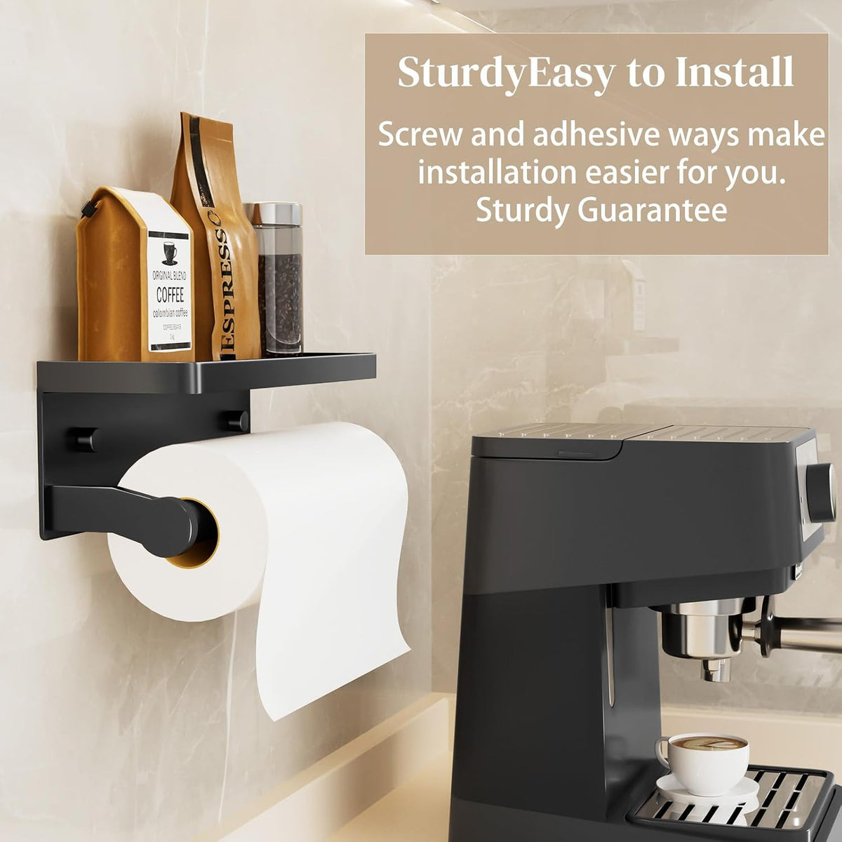 Black Paper Towel Holder with Shelf, Wall Mount Paper Towel Holder for Bathroom Kitchen, Hand Towel Rack Holder,Paper