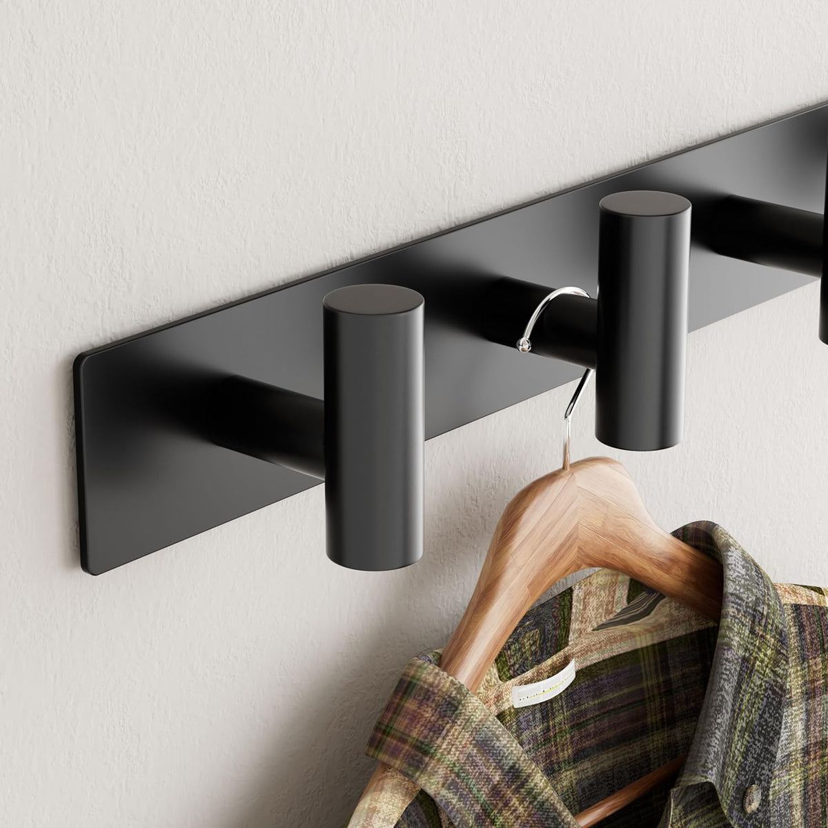 Black Wall Mounted Coat Rack – 5 T-Shaped Hooks on 16.5" Rail, (2 Pack) | for Hanging Hats, Bags & Towels, Heavy-Duty