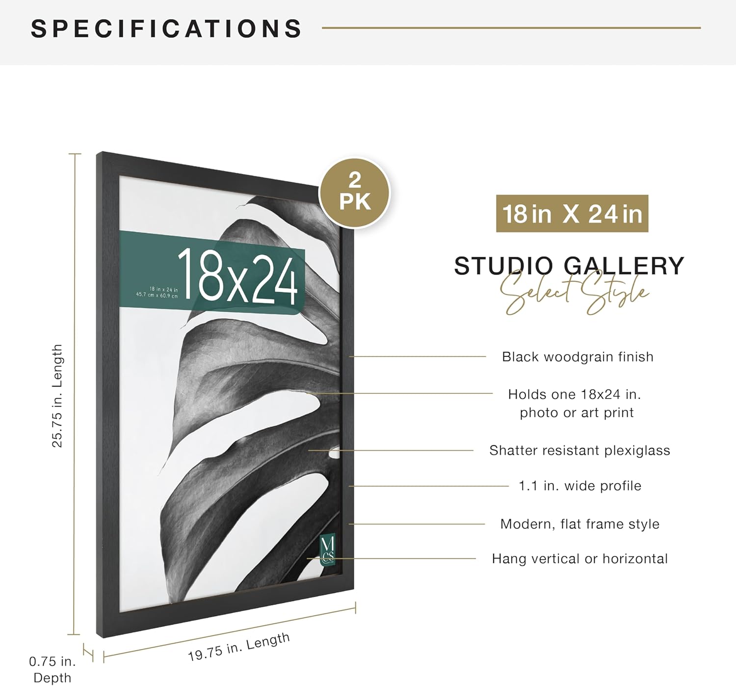 MCS Studio Gallery Poster Frame, 18x24, Black Woodgrain, 2-Pack | Studio Gallery Poster Frame For Photos & Art Prints