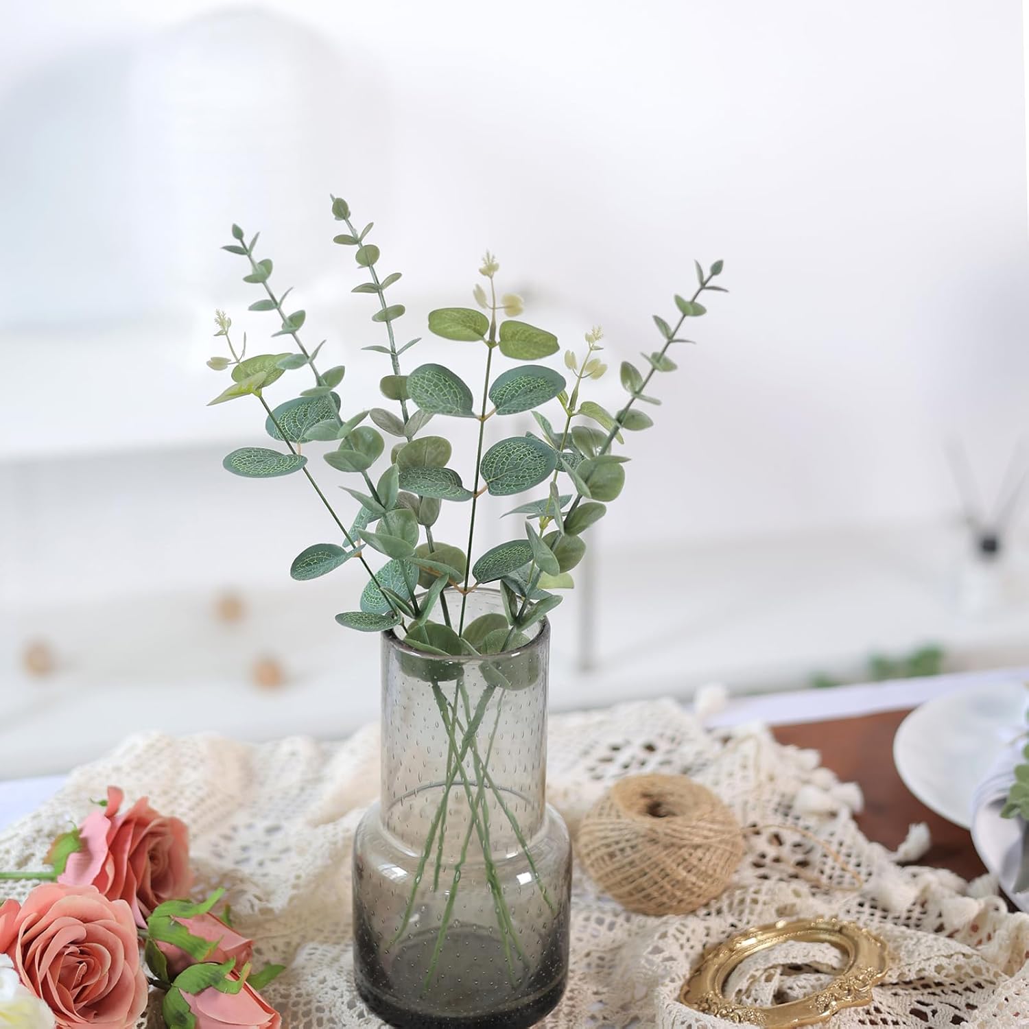 7 Kinds Mixed Artificial Eucalyptus Stems and Faux Flowers / Green / Set of 110