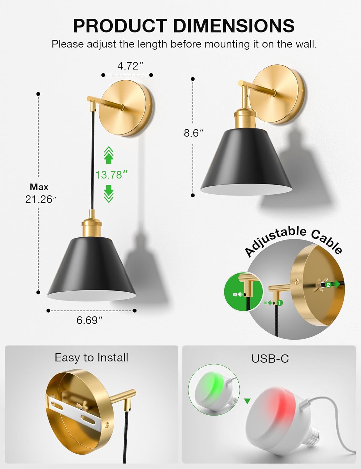 Gold & Black Battery Operated Wall Sconce Set of 2, 5200mAh Dimmable Detachable Bulbs and Remote Wireless Rechargeable