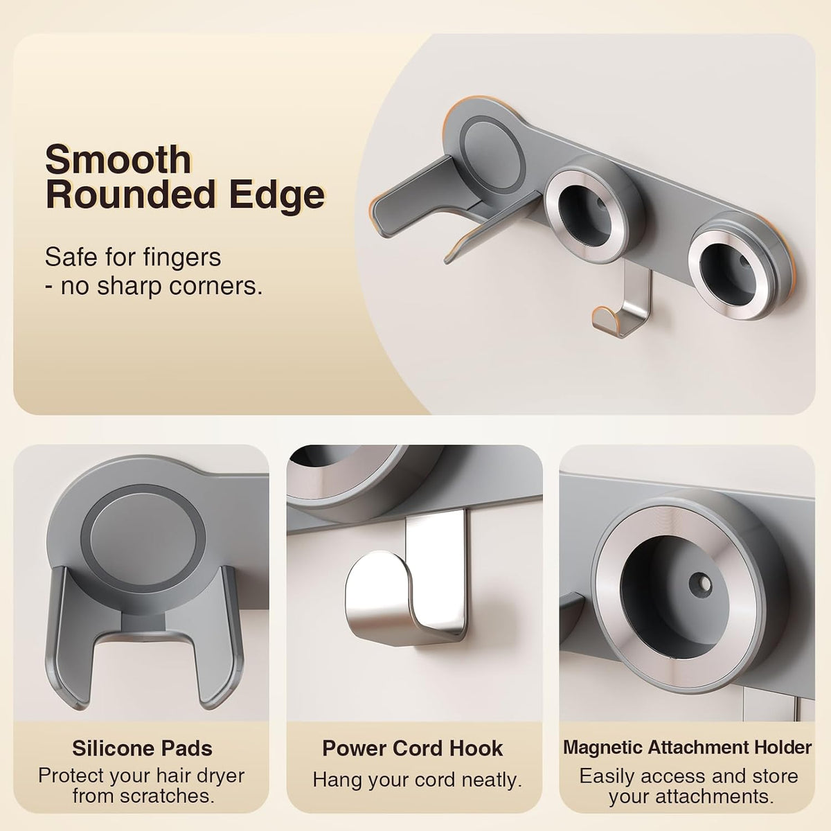 Magnetic Hair Dryer Holder Wall Mount, Gray | Blow Dryer Wall Mount Holder, Hang on Wall Organizer, For Hair Dryer with