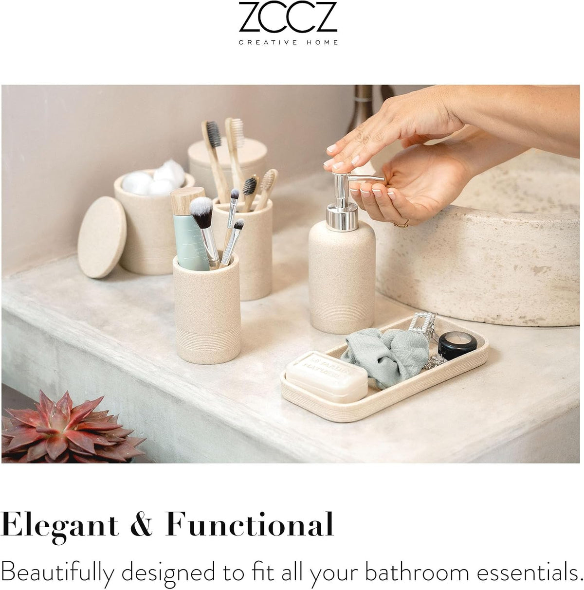 Beige Bathroom Accessories Set 6 Pieces - Toothbrush Holder, Lotion Dispenser, Qtip Container, Vanity Tray, Tumbler